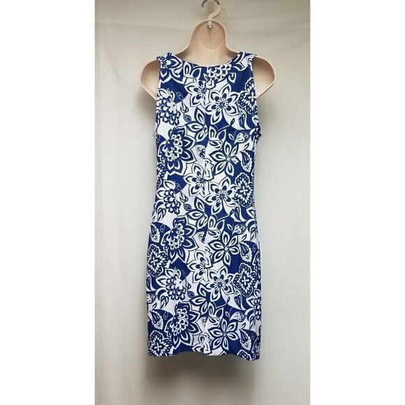 Women's Dress Barn White & Blue Beaded accent Collar Sheath Dress Size 6 - Picture 6 of 9